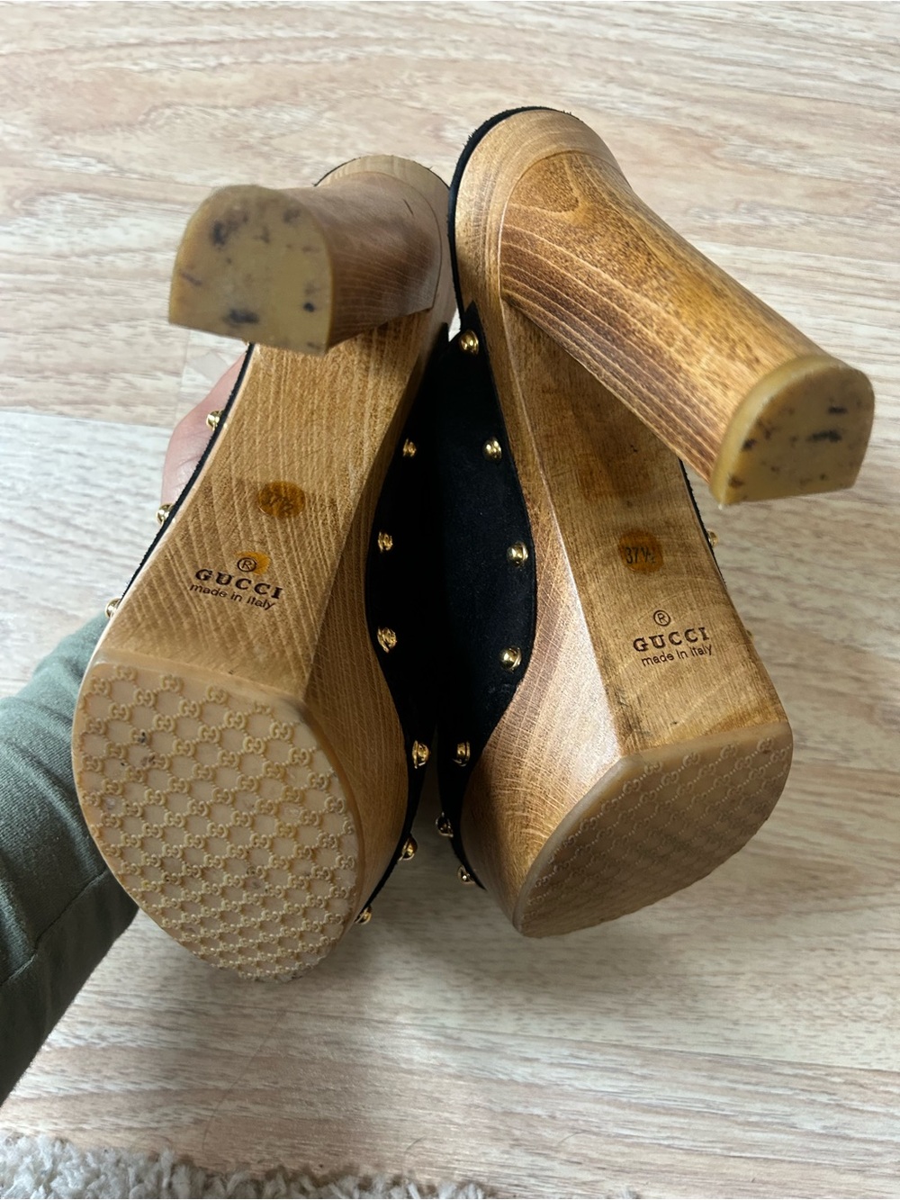 Gucci Black Suede Gold-Stud Wood Platform Mules - Picture 5 of 6
